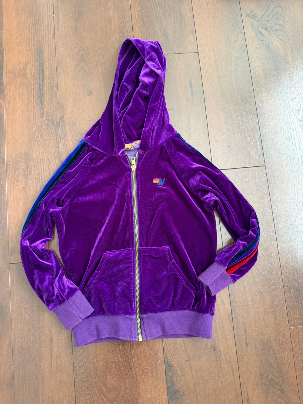 Aviator Nation girls 8 purple velour striped hoodie sweatshirt rare